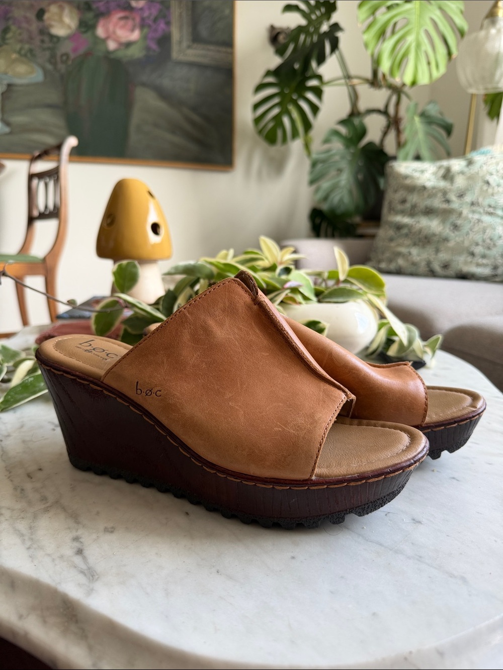 b.o.c. Tan Leather Wedge Slide Sandals with Dark Brown Sole